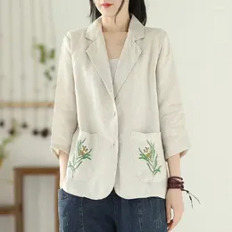 Women's Suits Cotton And Linen Embroidery Seven-sleeved Suit Female Spring Autumn Korean Fashion Solid Colour Loose Elegant Casual Jacket