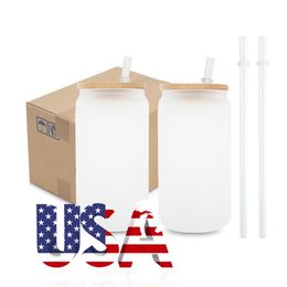 US Stocked 16oz Sublimation Glass Tumblers Can Shaped Glass Mugs Beer Tea Cups Clear Frosted Blanks for DIY Printing