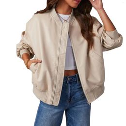 Women's Leather Douhoow Women Pu Jacket Fashion Oversized Bomber Windproof Long Sleeve Zipper Closure Cool Outwear With Pockets