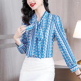 Women's Blouses Chaney Blue Printed Bow Collar Chiffon Blouse Casual Elegant Office Lady Long Sleeve Runway Designer Vintage Shirts Tops