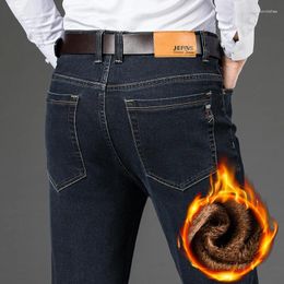 Men's Jeans Plus Size 42 44 46 Business Casual Fleece Stretch Straight Cotton Thick Plush Denim Trousers Male Brand Clothing