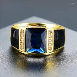 Wedding Rings Luxury Trendy Gold Plated Engagement Opening For Men And Women Sea Blue CZ Stone Inlay Fashion Jewelry Party Gifts