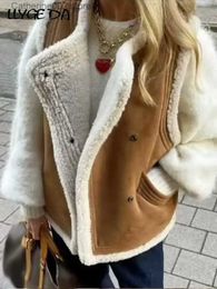 Women's Vests Elegant Warm Fur Faux Leather Waistcoat Women Fashion Sleeveless Pockets Thick Jackets Female 2023 Winter Turn Down Collar Vests T231025