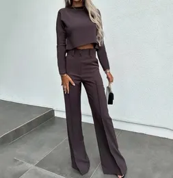 Women's Two Piece Pants Set Women Outfit 2023 Autumn Fashion Solid Color Casual Turtleneck Long Sleeved Crop Top & High Waist Flared