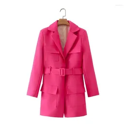 Women's Suits Vintage Mid-Length Rose Red Suit Jacket With Belt Spring Women Notched Collar Long Sleeve Multi-pocket Slim Female Outwear