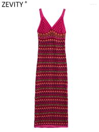 Casual Dresses ZEVITY Women Fashion V Neck Colour Matching Crochet Knitting Sling Midi Dress Female Chic Sleeveless Vest Vestidos 4626