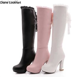 Boots 2023 Spring Autumn Knee High Boots Women Fashion Square Heel Zipper Lace Long Boots Woman Leather Shoes Winter White Pink BlackL231025