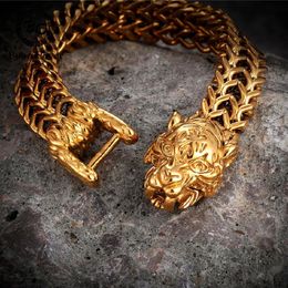 Charm Bracelets Rock Gold Color Tiger Head Bracelet Men Stainless Steel Cuban Chain Bangles Punk Male Creative Accessories Viking 238y