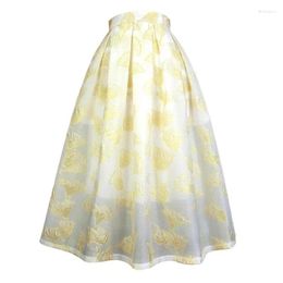 Skirts 2023 Summer Female Vintage Elegant Ginkgo Leaf Floral Embroidery High Waist Yellow Long Mesh Tulle Skirt Casual Holiday Outfit