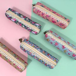 Forest Wind Elegant Pencil Case Cute Korean Stationery Box Canvas Fabric Vintage Flowers Dots Storage Bag