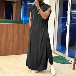 Men's Tracksuits INCERUN Men Sets Solid Colour Muslim Clothing Islamic Arabic Kaftan Sleeveless Robes & Pants 2PCS 2023 Vintage Suits S-5XL