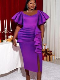 Casual Dresses AOMEI Evening Bodycon Dress Women Purple Pleated Peplum Ruffled Robes V Neck Short Sleeve Side Slit Slim Fit Chic Maxi