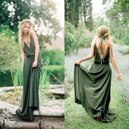 Bohemisk stil land brudtärna klänningar 2023 våren ny spaghetti lågklipp bakåt olivgrön chiffon piga av hedersbröllopsklänningar billiga