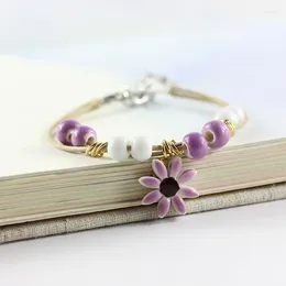 Charm Bracelets Ceramic Beaded For Women Cherry Blossoms Pendant Bracelet Charms Double Rope Chain Bangle Jewelry Girls Gift