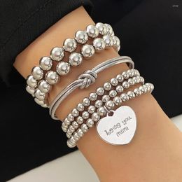 Charm Bracelets Silver Colour Elastic Beads Bracelet For Women Men Heart Pendant Knotted Opening Set Fashion Jewellery Gifts