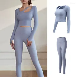 Women's Two Piece Pants Seamless Yoga Set Workout Outfits For Women Tracksuit Long Sleeve Sport Tops High Waist Leggings 2Pcs Suit Fitness