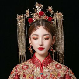 Traditional Chinese Wedding Bride Gold Queen Crown Red Headpieces Vintage Wedding Tiara Headdress Bridal Hair Accessories293q