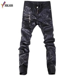 Autumn Biker Skinny Men Gothic Punk Fashion Faux Leather Pants PU Buckles Hip Hop Zippers Black Trousers Male Men's241V