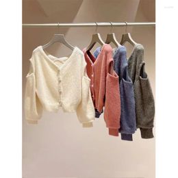 Women's Knits LYEEYNNR Japan Hollow Out Off Shoulder Long Sleeve Knit Cardigan V-neck Single Breasted Women Sweaters 2023 Fall Winter