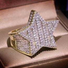 Big Bling Zircon Stone Gold Hip Hop Star Pentagram Ring for Women Man Fashion Jewellery 2020 New Wedding Engagement Ring241a