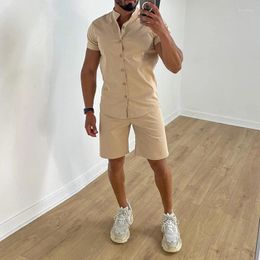 Men's Tracksuits Casual Stand Collar Shirts Outfits Men Fashion Pure Colour Loose Top And Shorts Two Piece Suits Mens Clothing Summer Leisure