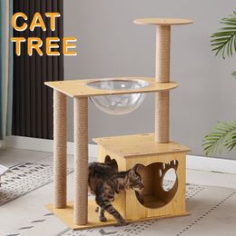 94cm 37Inches Luxury Modern Cat Tree Tower Climbing Pets Scratching House Posts Wooden Large Space Capsule Cat Condo