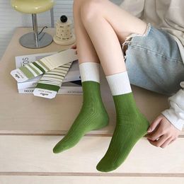 Women Socks Green Series Striped For Girl JK Korean Autumn Spring Middle Tube Soft Cotton Breathable Harajuku Sock