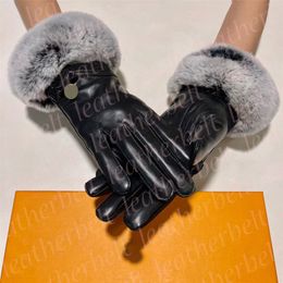 Outdoor Plush Gloves Luxury Fur Leather Mittens for Womens Metal Letter Women Touch Screen Gloves Autumn Winter Ski Mitten