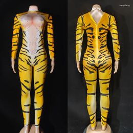 Stage Wear Party Rhinestones Jumpsuit Women Tiger Printed Stretch Outfit Nightclub Dj Gogo Dancer Costume Festival Clothing XS6381