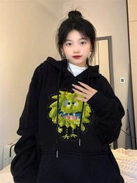 Women's Hoodies Cute Devil's Embroidery Autumn And Winter Loose Oversize Design White Black Plush Thick Hooded Coat Man