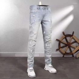 Men's Jeans Fashion Streetwear Men Retro Light Blue Elastic Stretch Slim Fit Ripped Painted Designer Vintage Denim Pants