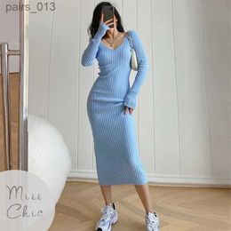 Basic Casual Dresses Korean Elegant Sweater for Women 2023 Sexy V Neck Long Sleeve Elastic Bodycon Midi Knitted Dress Autumn Winter Clothes YQ231025