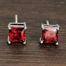 Stud Earrings 2023 Shiny Red Square Cubic Zirconia For Women Fashion Silver Color Geometry Brides Wedding Jewelry Party Gift