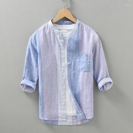 Men's Casual Shirts Striped Three Quarter Sleeve Shirt For Men Linen Breathable Man Button-up Tops