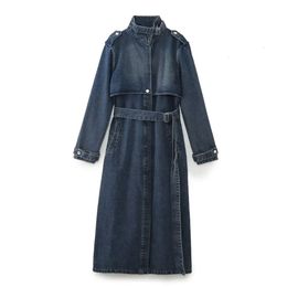 Women s Fur Faux 2023 Autumn Fashion Retro Casual Versatile Stand up Neck Belt Waist Wrapped Long denim trench coat 231025