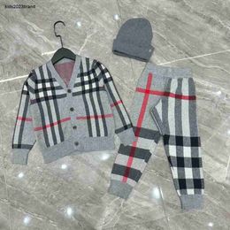 New Tracksuits for baby Brother and sister knitted suit Size 100-160 three-piece Cross striped V-neck cardigan pants hat Oct25