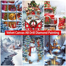 Christmas Decorations 5D DIY AB Velvet Canvas Diamond Painting Christmas Snowscap Snowman Diamond Art Cross Stitch Mosaic Picture Handcraft Home Decor 231025