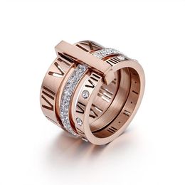 Design Stack Stainless Steel Gold Ring For Women Zircon Diamond Roman Numerals Wedding Engagement Rings309K