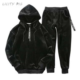 Winter Men Velour Tracksuit 2020 Fashion korea Gold velvet track suit male hoodie & sweat pants jogger set Jogging Suits Outfit LJ279a