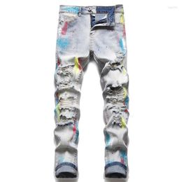 Men's Jeans Splash-ink Brush Paint Rainbow Ripped Trim Soft Cotton Stretch Season Light Blue Cat Whisker Label High Street Fa252O