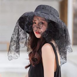 Wide Brim Hats Black Lace Mesh Straw Hat Beach For Women Fashion Ladies Summer 2023 UV Protection Hepburn Sunhat Bonnets