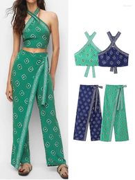 Women's Two Piece Pants 2023 Fashion Women Print Lace Up Sets Summer Casual Criss-Cross Halter Sleeveless Short Tops Double-Dreasted