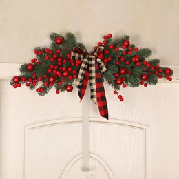 Decorative Flowers Christmas Swag Simulation Red Fruit Artificial Flower Home Decor Happy Year 2023 With Plaid Bow PE