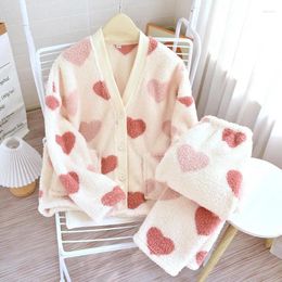 Women's Sleepwear Winter Flannel Thickened Fleece Warm Pyjamas Set Long Sleeve Pants Two Piece Coral Velvet Casual Home Wear