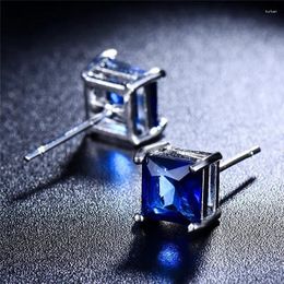 Stud Earrings 2023 Shiny Blue Square Zirconia For Women Fashion Silver Color Geometry Brides Wedding Jewelry Party Gifts