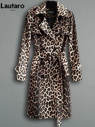 Women s Fur Faux Lautaro Spring Autumn Long Stylish Leopard Print Trench Coat for Women Belt Double Breasted Casual Luxury Designer Clothes 2023 231025