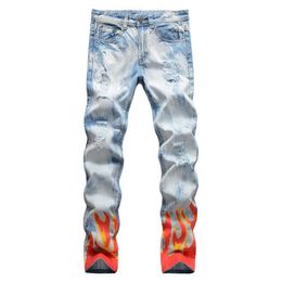 Men's Jeans Flame Print Snow Washed Light Blue Denim Pants Slim Straight Trousers White309R