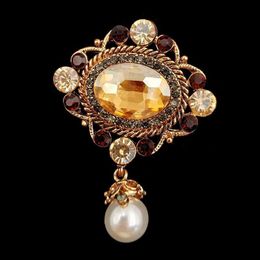 Victorian Vintage Stylish Imitated White Pearl Drop Champagne Oval Stone Broach Pin for Women Costume Dressy Gown Cloth Jewelry217A