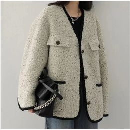 Womens Wool Blends Small Fragrant Long Coat Autumn Winter Korean Chic Fashion Casual Loose Elegant Slim Vneck Black Lady Tweed Jacket 231025