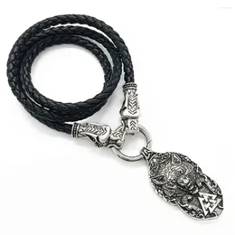 Pendant Necklaces Wolf Protect Me Viking Symbol Heads Punk Leather Chain Mens Talisman Amulet Pagan Jewelry